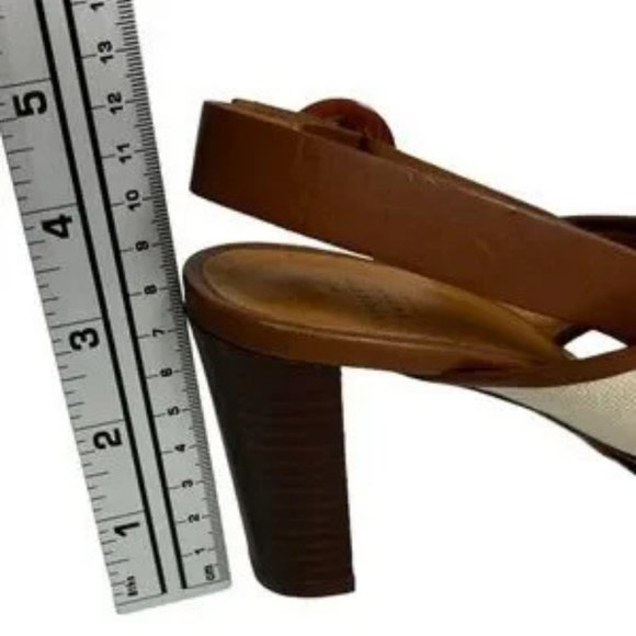 Sezane High Maud Sandals Linen Camel Block Heel Size 38 French or US 7 Cross - Picture 9 of 10